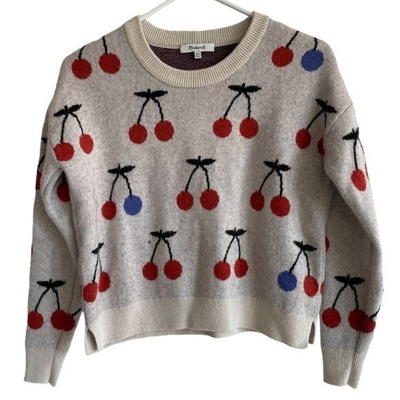 Madewell Wool & Alpaca Cherry Jacquard Pullover Sweater, Size XXS - Picture 4 of 9